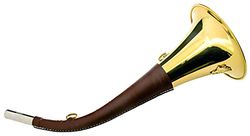 Januel Slagjakthorn pack - längd 40 cm och 12 cm - mantlad i syntetiskt läder - transportringar - vildsvin dekor - gyllene mässing - med rem - utbytbar pipet