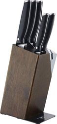 Rockingham Forge 6-Piece Knife Block Set, Contains 5 Kitchen Knives with 'Safe-D' Tips & 1 Deluxe Wooden Knife Block with Sharpener, Silver, Black, Dark Wood