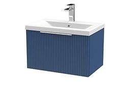 Hudson Reed DFF394A Fluted Modern Bathroom Wall Hung 1 Drawer Vanity Basin Unit with Mid-Edge Ceramic Basin, 600mm, Satin Blue