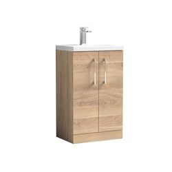 nuie PAL032E Arno Compact Modern Bathroom Floor Standing 2 Soft Close Door Cloakroom Vanity Unit with Ceramic Basin, 500mm, Bleached Oak Woodgrain