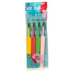 Escova de dentes TePe Colour Compact, extra macia, 4 unidades, escova de dentes para crianças mais velhas e adultos com cabeça pequena, garante uma limpeza respeitosa com filamentos extra macios