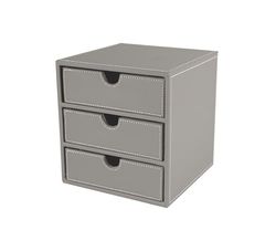 OSCO Grey Faux Leather 3 Drawer Chest | Small Item Storage | Stackable | Lego Container | Makeup Container | Jewellery Box | Stationery Organiser | Not A4 Size | H18.2 x W17 x D17 cm