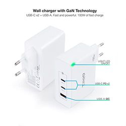 Cargador de Pared 100W GAN 2xUSB-C/PD y USB-A/QC, Carga rápida para Dispositivos móviles y laptops.