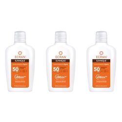 Ecran Sunnique - Latte protettivo solare UPF 50, protezione UVB + UVA e IR-A, rinforza le difese, protegge la pelle, idratazione 24h, formula con VitEox 80, per tutta la famiglia, confezione da 3 x