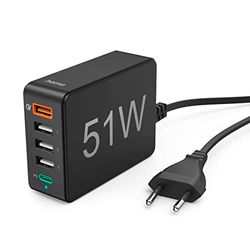 HAMA | Cargador de 5 Puertos y 51W (Cargador USB con 5 Puertos para Cargar 5 Dispositivos, Carga Rápida,