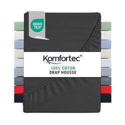 Komfortec Drap Housse Lit 160x200 cm - Jersey 100% Coton 135g/m² - Certifié Oeko-Tex - Bonnet 30 cm - Drap Lit avec Élastique pour Matelas Épais - Anthracite