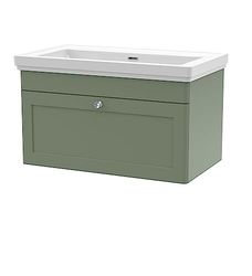 nuie CLC896H Classique Wall Hung 1 Drawer Vanity Unit & 0 Tap Hole Fireclay Basin, 800mm, Satin Green
