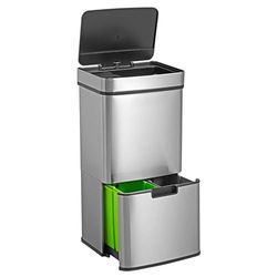 WELL HOME Papelera de reciclaje 72L (47L+25L), cubo de basura con 2 compartimentos, apertura automática con sensor, en acero inoxidable, cromado