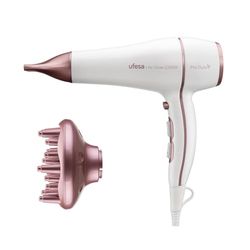 Ufesa Sèche-cheveux Professionnel Air Glow 2200W, Moteur AC, Élimine les Frisottis, Inclus Diffuseur et Concentrateur, 2 Vitesses, 3 Températures, Jet d’Air Froid, Blanc/Rose