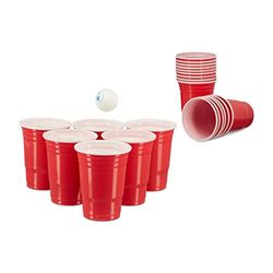 Relaxdays Beer Pong Mokken, 50 stuks, stevige plastic bekers, partybekers 30 ml, drinkbekers softdrinks en bier, rood