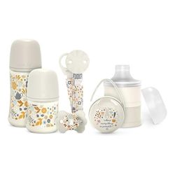 Suavinex, Zestaw upominkowy dla noworodków. Zestaw butelek antykolkowych 150 ml i 270 ml + smoczek 0/6 miesięcy z symetryczną smoczkiem SX Pro + dozownik do mleka + klips do smoczka + pudełko na