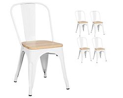 KOSMI - Set van 4 witte stoelen van metaal en licht hout, industriële stijl, van metaal, wit, mat en zitting van licht hout