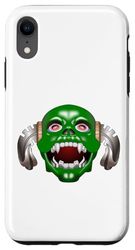 Custodia per iPhone XR T-shirt spaventosa con testa di mostro verde con corna in metallo denti vampiro