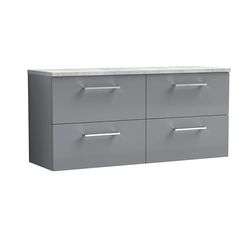 nuie ARN2224LBG2 Arno Modern Bathroom Wall Hung 4 Soft Close Drawer Vanity Unit and Bellato Laminate Worktop, 1200mm, Satin Grey