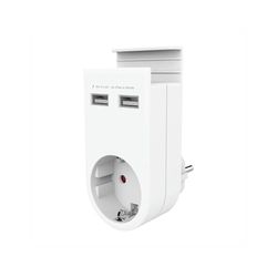 Adaptador 230V con 2 puertos USB y soporte para móvil, ideal para cargar dispositivos y sostener teléfonos.