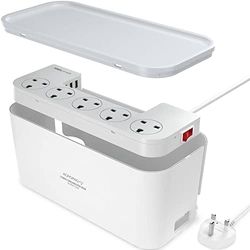 ACROPAQ 8-in-1 Cable Cover Box - Rangement de câbles avec Cache multiprise - 5 Prises UK Plug, 3 USB A, câble 2M - Box de Rangement avec Cache Prise électrique - The White Cable Box - 30 x 14 x 14 cm