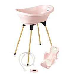 THERMOBABY - Pack Baignoire Bébé VASCO 5 En 1 - Baignoire, Pied En Bois, Tuyau De Vidange, Transat De Bain, Thermomètre - Rose Poudré - Pliable & Stable - Fabriqué En France