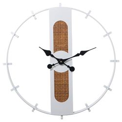 DRW Orologio da parete in metallo con base in vimini e legno bianco e naturale 64x64x4,5cm