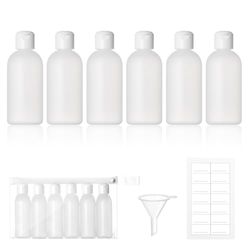 Bottiglie da viaggio da riempire, 60 ml, 6 bottiglie liquide da riempire con piccolo imbuto ed etichette, bottiglie di plastica trasparenti in morbido contenitore per shampoo, gel doccia