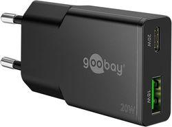 goobay Cargador USB-C rápido GAN Slim 20W con Doble Puerto, diseño extraplano, Carga Segura, Compatible con iPhone, Samsung, Xiaomi, iPad, Negro, 75729