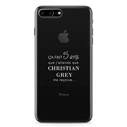 Zokko Beschermhoesje voor iPhone 7 Plus Plus met opschrift "J'Attends Que Christian Grey Me Recoive", maat iPhone 7 Plus Plus - zacht, transparante inkt, wit