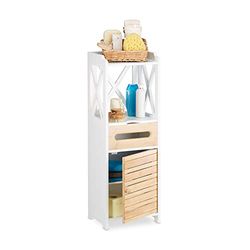 Relaxdays Armário estante com 5 prateleiras, porta e gaveta dispensador, casa de banho e cozinha, estreito, bambu, 89 cm, branco