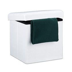 Relaxdays Tabouret pliant en lin pouf de rangement pliable repose-pieds de stockage carré 38 x 38 x 38 cm, blanc