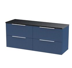 Hudson Reed DFF393LSB2 Fluted Modern Bathroom Wall Hung 4 Soft Close Drawer Vanity Unit and Sparkling Black Laminate Worktop, 1200mm, Satin Blue