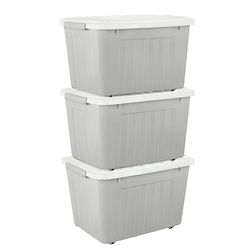 Cetomo 80 L x 3 förvaringslådor med hjul, plastförvaringslåda med lock, spärrspännen, klickstängning, stapelbar, kapsling, hållbar organisatör för hemmakontorskläder, grå, 80 L-3-pack