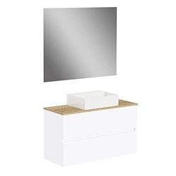 Baikal Conjunto de baño Natura. Mueble de Baño de Fondo Reducido, con Lavabo cerámico sobre Encimera. Mueble Suspendido. Mueble MONTADO. Dos Cajones con Espejo 90 cm Fondo de 39cm