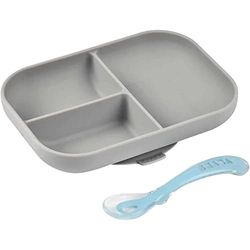 BÉABA, Set babymaaltijd, met zuignap, antislip, siliconen bordje met vakverdeling + lepeltje, gezond en duurzaam, geschikt voor de vaatwasser, magnetron en vriezer, gemakkelijk in onderhoud, Grijs