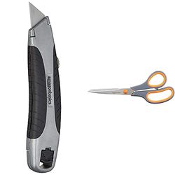 Amazon Basics Couteau tout usage rétractable avec prise souple et 3 lames & Lot de 1 paire de ciseaux ergonomiques à lames en titane 20 cm