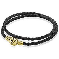 Pandora Dames lederen armband dubbel. m 14k goud 550705CBK-D3, 14 cm, Leer