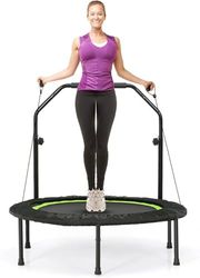 FANTASK Trampolín de fitness con mango de altura ajustable y 2 bandas de resistencia, cama elástica para niños plegable, mini trampolín φ101 cm, cama elástica de jardín hasta 150 kg, soporta adultos y