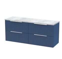 Hudson Reed DFF393LBG2 Fluted Modern Bathroom Wall Hung 4 Soft Close Drawer Vanity Unit and Bellato Grey Laminate Worktop, 1200mm, Satin Blue