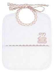 Filet Rectangular Soft Fabric Bib with White Lozenges Motif with Bear Embroidery and Aida Bag - Grey Beige Colour, One Size 29g