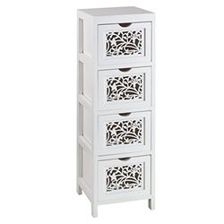 Baroni Home Comodino in legno, Mobilino da Soggiorno o Bagno, Mobiletto Multiuso con 4 Cassetti Intagliati, 23x23x77 cm