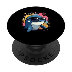 Cabeza de delfín caricaturesca con gafas y salpicaduras PopSockets PopGrip Adhesivo