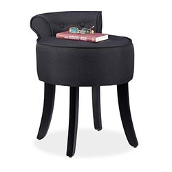 Relaxdays, zwarte stoel met lage rugleuning, gestoffeerd, zitkruk stoffen bekleding, rond, houten poten, HxBxD 61,5 x 44,5 x 47 cm, standaard