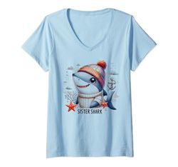 Donna Divertente squalo tee Sister Shark Family squalo corrispondenza Maglietta con Collo a V