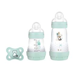 MAM Easy Start Anti-Colic Elements S, Baby första utrustning med 2 flaskor (160 ml & 260 ml) inkl. sugstorlek 1 och napp, presentset, från födseln, tvättbjörn