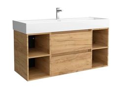 Salgar Mueble de Baño Bequia Plus 120 cm 2 cajones y 2 coquetas Laterales 2 Huecos Roble con Lavabo de Porcelana