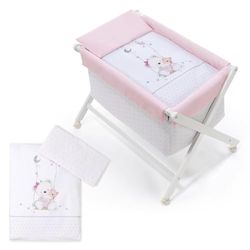 Interbaby - Minicuna Plegable Tijera modelo Oso Columpio - Estructura de madera con Vestidura (Colcha y Almohada Desenfundable) con Colchón.