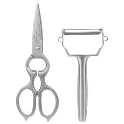 San Ignacio Vitoria - Set De 2 Utensilios Cocina 1 Tijera 20.5cm + Pelador 16cm - Fabricados en Acero Inoxidable - Acabado Mate Resistente - Utensilios Fáciles de Lavar y para Toda la Vida
