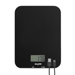 Salter SA00597FEU12 uppladdningsbar köksvåg – digital våg för matlagning och bakning, tarfunktion, USB-laddningskabel ingår, mäter vätskor, smal design, kapacitet 5 kg