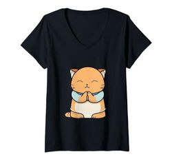 Mujer Meditar Gatito Santo Gato Mediador Fe Dios Religión Camiseta Cuello V