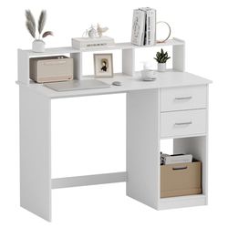 Mondeer Escritorio Blanco para computadora con 2 cajones y estantes de Almacenamiento, 105 x 48 x 94 cm, Mesa de Estudio para portátil para Espacio pequeño, Oficina en casa, estación de Trabajo