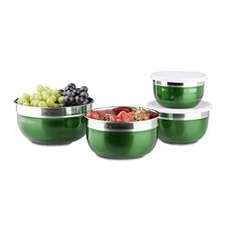 Relaxdays Tigelas com tampa, conjunto de 4, aço INOX e plástico, verde, tamanhos diferentes, 18,4 x 18,4 x 9 cm, 4