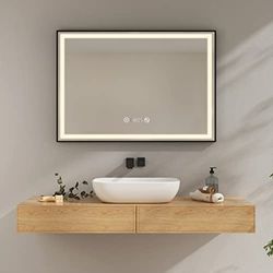 EMKE Miroir de Salle de Bain avec Éclairage 100x70cm Miroir de Salle de Bain Bord Noir LED Miroir de Salle de Bain avec Tactile, Anti-buée, Horloge, Température, Dimmable, Éclairage Neutre