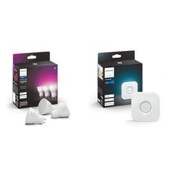 Philips Hue White and Color Ambiance Faretti Smart Led, Luce Bianca e Colorata, Bluetooth, Dimmerabili, GU10, 4W, 3 Pezzi & Bridge 2.0, Centro di Controllo del Sistema Hue, Bianco